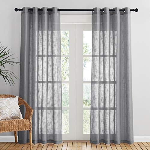 PONY DANCE Leinenoptik Vorhänge Wohnzimmer 2er Set H 210 x B 132 cm Voile Gardinen Dunkelgrau Vorhang Halbtransparent mit Ösen Fenster Gardine