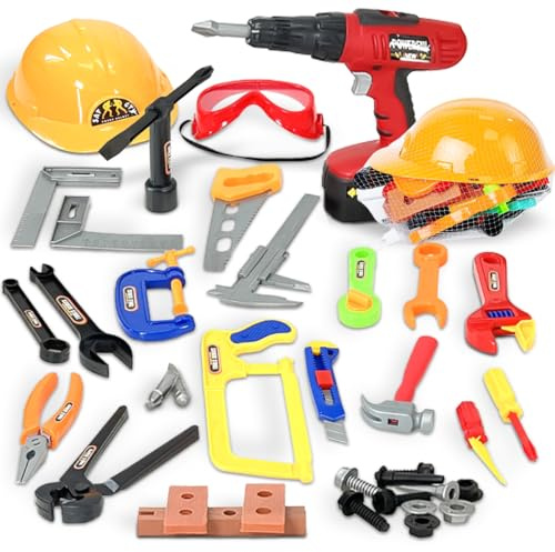koolbitz 37+ Pieces Kids Toy Tool Set Preschool Repair Tools Construction Toys Pretend Role Play Toy Set + Battery Operated Realistic drill Machine