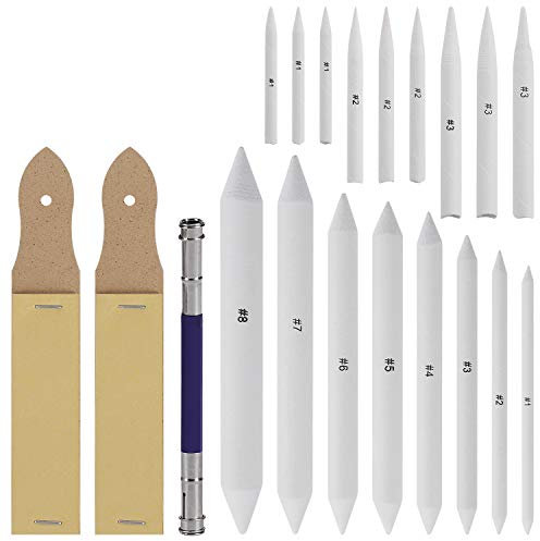 ISIYINER Mischen Papierwischer Set, Blendende Stümpfe und Tortillions Set mit 2 Stück Schleifpapier Bleistiftspitzer und 1 Bleistiftverlängerungswerkzeug zum Skizze Zeichnung 20 Stücke