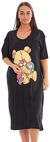 Malay Ladies Maternity Nightdress 100% Cotton Printed Motif Breastfeeding Button Labor Black