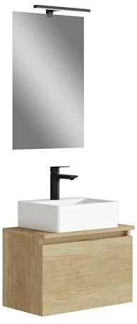 Baikal MAIA, Conjunto de Mueble de Baño. Mueble pequeño con Lavabo cerámico y Espejo con Aplique luz LED. Mueble Suspendido en Pared. Varios Acabados y Medidas. Mueble Montado.