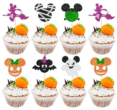 Gyufise 24 Pack Gliter Mouse Inspired Halloween Cupcake Toppers Witch Hat Ghost Bat Pupmkin Cupcake Picks for Happy Halloween Baby Shower Birthday Party Cake Decorations Supplies, Multicolour