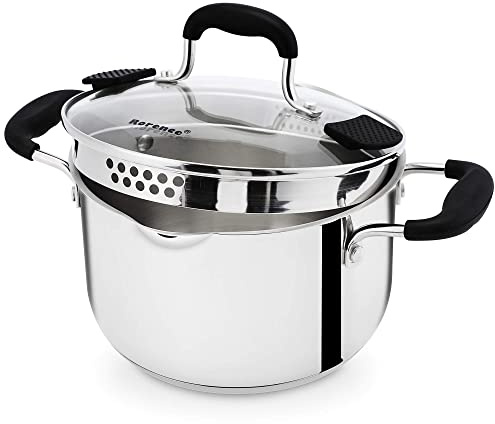 Rorence Stainless Steel Stock Pot with Pour Spout & Silicone Handles & Glass Lid with Strainer - 3.7 Quart