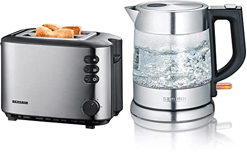 SEVERIN Automatik-Toaster, 2 Röstkammern, 850 W, AT 2514, Edelstahl/Schwarz & Glas Wasserkocher, leistungsstarker und kompakter Wasserkocher in hochwertigem Design, edelstahl/schwarz, WK 3468