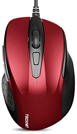 TECKNET Mouse Pro S2 Souris Filaire Optique Haute Précision 6 Boutons 6400 DPI 4 DPI Réglable Souris Ergonomique pour Windows 11/10/8.1/8/Vista/XP/Mac Ordinateur Portable/Bureau Câble 1.5M- Rouge