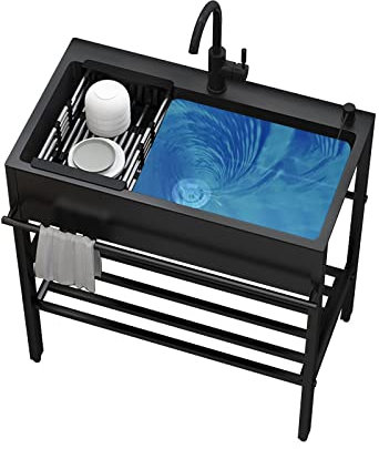 Evier Inox Professionnel, Cuisine Exterieure, Plonge Inox, Evier Buanderie, Evier Cuisine 1 Bac, Evier Exterieur, Evier de Jardin, avec robinet d'eau chaude et froide, Accessoires D'installation