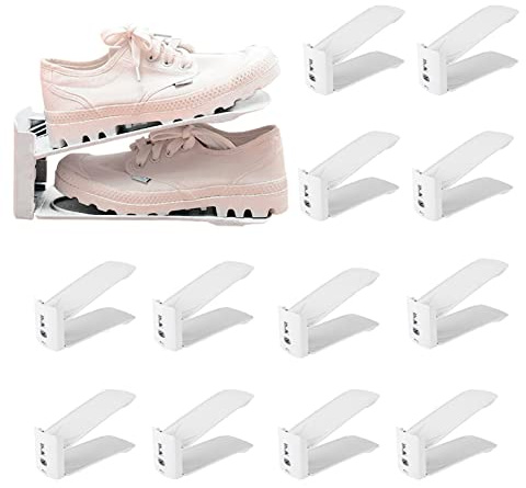 PAIDE P Schuhorganizer Platzsparend, rutschfest Schuhe Schrank, Schuhregal 3 Höhenverstellbar Mit Allen Arten Von Schuhen Kompatibel, Schuhstapler Verstellbar. (Pack 12 Weiß)
