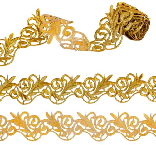 FINGERINSPIRE 2 m X 65 mm Metallic-Spitzenbesatz Zum Aufbügeln Für Die Braut Goldfarben Selbstklebende Stickerei Spitzenbesatz Stickerei Polyester-Besatz Florale Handwerksspitze Zum Nähen Kostüme