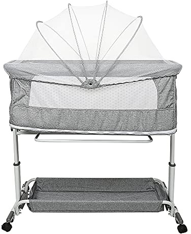 HUOLE Beistellbett Baby, 2 in 1 Babybett und Babywiege, Kinderbett mit Rollen, Moskitonetz, Lagerungstasche und Matratze, Höhenverstellbar Struktur aus Aluminiumlegierung, 113 * 66 * 84cm-grau
