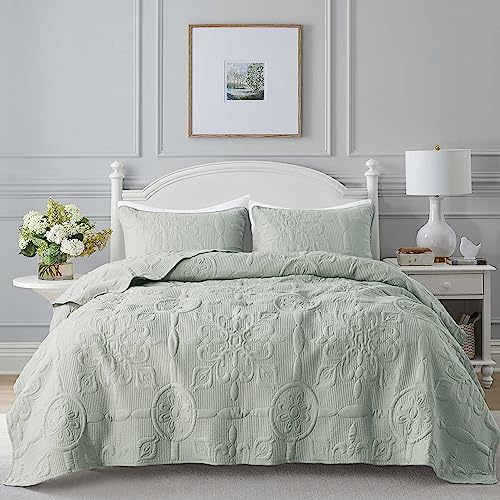 B2EVER Damast-Steppdecke, Queen-Size-Bettwäsche-Sets mit Kissenbezügen, Boho, leicht, weich, Tagesdecke, Salbeigrün, Gesteppte Decke, dünne Bettdecke für alle Jahreszeiten, 3-teilig, 228,6 x 228,6 cm