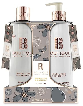 Boutique Neroli, Pear & Gingerlily Body Duo Set - 1 x Body Wash & 1 x Hand & Body lotion 500ml - Essential Oils - Vegan - Made In England
