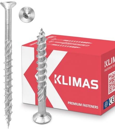 KLIMAS Träskruvar Torx - Spånskiveskruvar Vit - Försänkta Skruvar - Terrassskruvar - Universalskruvar - Skruvsats för Takkonstruktion - Träskruvar 8x140 mm - 50 stycken