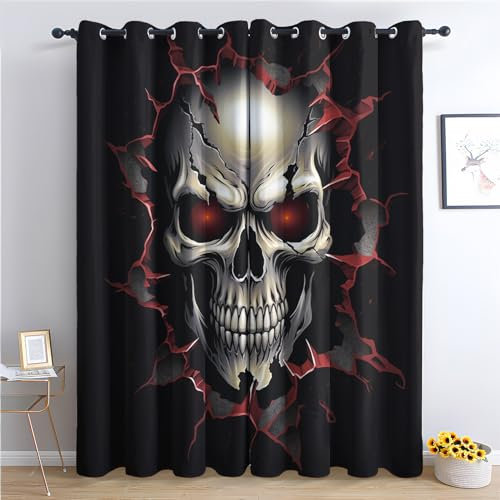 THYUNQ Vorhänge Gothic Totenkopf Motiv, Vorhang Blickdicht Verdunklungsvorhänge Thermovorhang mit Ösen, Gardinen Wohnzimmer Schlafzimmer Fenster, 2er Set Curtains, H 137 x B 117 cm