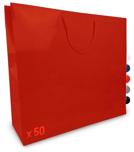 Verpackungswelt Geschenk-Tüten 50 Stück | Glänzende Papier-Tüten mit Henkel | Geschenk-Tüte 60x15x50 cm | Papier-Tüte ideal für Geburtstag, Weihnachten, Einzug & Mitbringsel | Rot