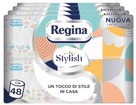 Regina Stylish – 48 Rotoli di Carta Igienica a 3 Veli, 160 Fogli, un Tocco di Stile in Casa, 100% Pura Cellulosa, Confezione con Plastica Riciclata, Certificata FSC