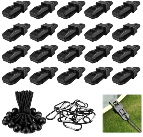 61pcs Tarp Clips Set Heavy Duty, 20 Tarp Clips + 20 Ball Bungee Cords + 20 Carabiner Clips + 1 Storage Bag, Grip Tent Clips for Fixing Tarps, Awnings, Outdoor Camping, Caravan Canopies