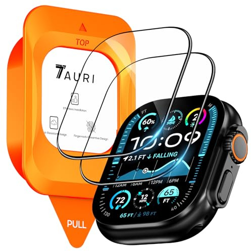 TAURI 2 Pezzi Pellicola Protettiva per Apple Watch Ultra 3/2/1 49mm | Vetro Temperato 9H, Rimozione Automatica Della Polvere, enza Bolle,Pellicola in Vetro HD per iWatch Ultra 49mm