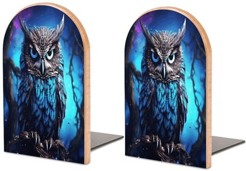 Robuste Buchstützen, blaue Eulen-Druck, Holz-Buchstütze, dekorative Buchstützen, rutschfeste Buchstütze für Regale (1 Paar)