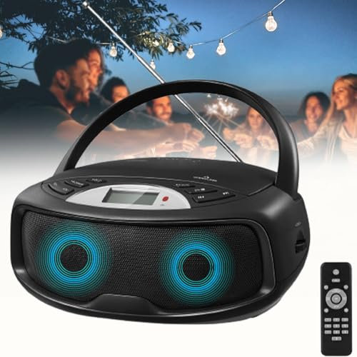 Lettore CD Boombox, Piccolo Lettore CD Portatile per la casa, Bluetooth, Radio FM Riproduzione CD/FM/AUX/USB, Terminale per Microfono/Terminale per Cuffie/Telecomando/Display LCD
