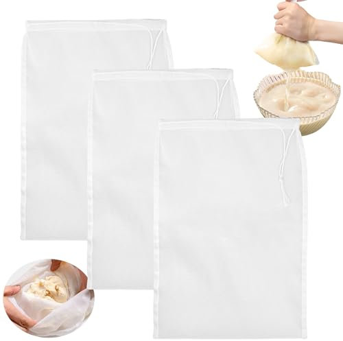 Aerzouser 3 Stück 30 x 20 cm Nussmilchbeutel, Nylon Nussmilchbeutel bio Waschbar mit Kordelzug, Nussbeutel, Wiederverwendbares Passiertuch, für Nüsse, Sojamilch, Saft, Gemüse