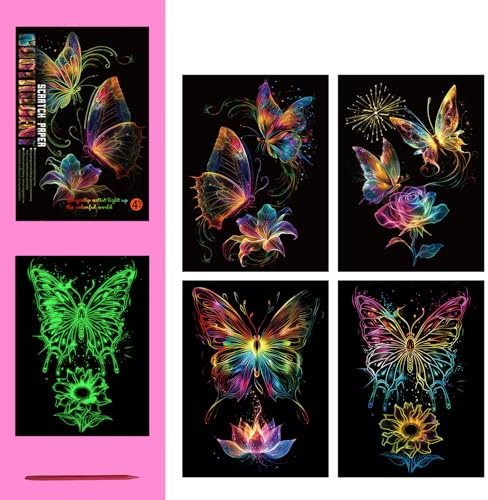 Kratzbilder Set DIY Kratzbilder Bastelsets für Erwachsene Kinder,4pcs Scratch Painting Kunstdruckpapier,Nachtleuchtend Scratch Art Painting DIY Set,Scratch Painting Creative Gift Schmetterling