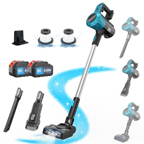 Akku Staubsauger für Makita 18V Akku, 45000Pa 550W Staubsauger Kabellos mit HEPA-Filter×2, 2* 5500mAh Batterien, Leichter Handstaubsauger für Tierhaare, Holzböden, Fliesen, Teppiche und Autoinnenräume
