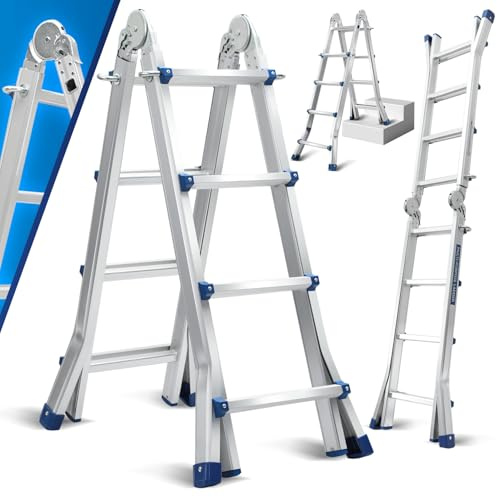 Ollewiellan Escalera multiusos de 402 cm, peldaños 4 x 4, 3 en 1, escalera de aluminio, escalera plegable, escalera telescópica, carga máxima de 150 kg, escalera deslizante a ambos lados de pie y