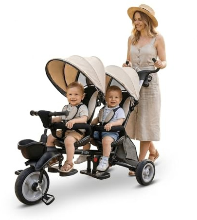 QPlay Tricycle évolutif pour bébé, jumeaux et promenades en famille | Pour deux, 10 Mois à 36 Mois