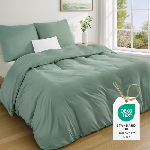 WohlNest Bettwäsche 240x260 Grün,240x260 Bettwäsche-Sets Salbeigrün 1 Bettbezug 240x260 + 2 Kissenbezüge 65x65 cm,ÖKO-TEX Bügelfreie Bettwäsche Microfaser mit Reißverschluss