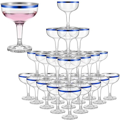 Zopeal 30 Pcs Plastic Champagne Glasses 5 oz Plastic Coupe Disposable Cocktail Cup for Wedding Party Birthday Anniversary Stackable Reusable Martini Glasses (Blue Rim,Clear)