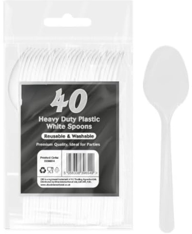 Party2u ® 40 Premium Designer Solid Bright White Spoons, Heavy Duty, Microwave-Safe Solid Tablefork, 6 Long for Cutlery Set Reusable, Washable