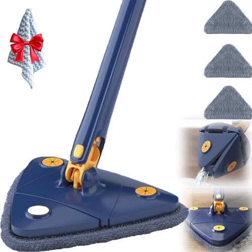 Balai Triangulaire 360 Essorable,Rotatable Adjustable Cleaning Mop,Triangle Squeeze with 3 Replacement Pads Wet and Dry with Extendable Long Handle for Cleaning Walls and Ceilings (Blue)