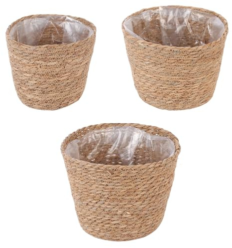 dwxnauixl Juego de 3 macetas de Mimbre con Forro plástico para Interior, Maceta Algas Marinas, Maceta Mimbre para Interior