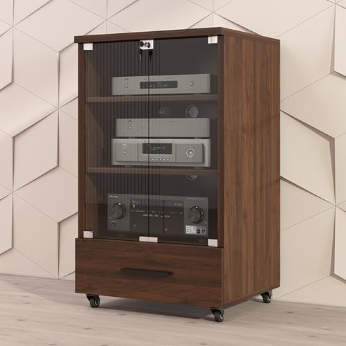 cendbirut Stereo-Schrank, AV-Schrank, Audioregalschrank mit gehärteten Glastüren, Media-HiFi-Regal, Eck-Entertainment-Center, Audio- und Videoschrank, Audioständer-Regal für KTV,Walnut,3Layer