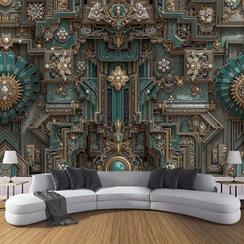 Papel Pintado Pared Metal Líneas 300×210cm Papel Tapiz Fotomurales 3D, Retro Floral Dormitorio Salón Tv Fondo Pared, Moderna XXL Decora Murales, Bronce Murales Fotográficos