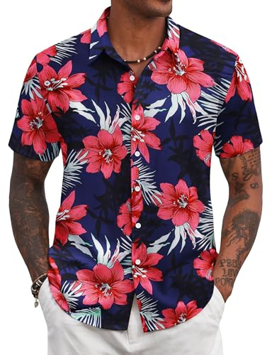 COOFANDY Camicie Hawaiane Uomo Maniche Corte Camicie Estive Casual Spiaggia vestibilità Regolare Camicia Tropicali Floreale Blu/Fiori L