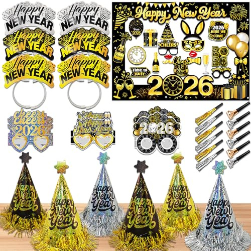 LECONCES Silvester Deko 2026, Silvester Foto Requisiten XXL Silvester Fotorahmen Bilderrahmen, Neujahr Partyhüte Silvester Haarreif Silvester Papierbrille Silvester Partytröten für Kinder