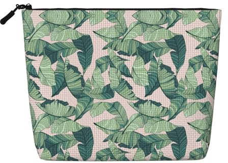 Green Palm Tree Leaves Fake Hemp Travel Pouch for Women, Large Capacity Cosmetic Bag Daily Use Zippered Organizer
