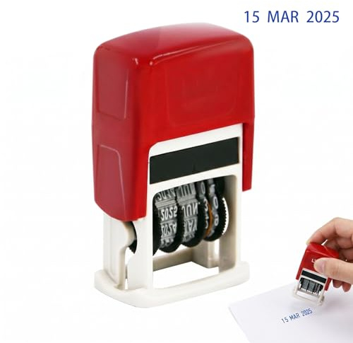 Sello Fechador Mini con Tinta Azul, Sello de Fecha Manual Formato DD.MM.AAAA para Oficina y Marcado de Huevos, Carcasa Roja Compacta