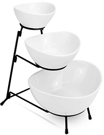 3 Tier Serving Bowl Stand – White Ceramic Bowls with Metal Rack – Appetiser Snack & Dessert Display for Parties, Buffets & Afternoon Tea | M&W