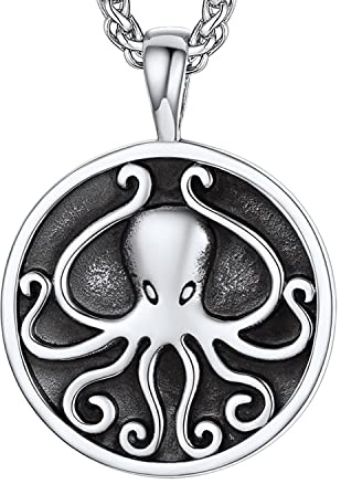 U7 Men Vintage Octopus Necklace with Chain Stainless Steel Spiga Links Round Ocean Animal Pendant