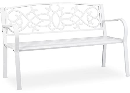 Relaxdays Panca da Giardino, a 2 Posti, Resistente alle Intemperie, Panca in Ghisa e Acciaio, HLP 78x124,5x58 cm, Bianco