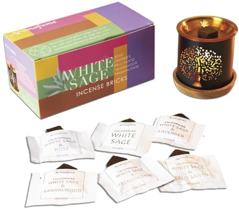 White Sage Incense Bricks Gift Set & Tree of Life Burner, Aromafume | 12 Bricks | White Sage with Rose, Lavender, Palo Santo, Sandalwood, Frankincense | Sage for Cleansing, Smokeless Smudging