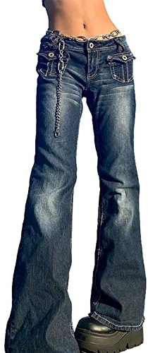 Sawmew Kvinnor Y2K Baggy Jeans Low Rise Cargo Denim Byxor Raka Breda Ben Distressed Byxor Indie Estetik Vintage Streetwear (Color : Blue, Size : M)