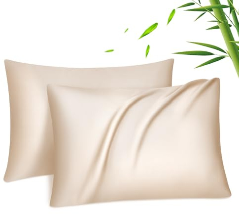 Fittia Lyocell Bambus Kissenbezug 50x70, kühlend atmungsaktiv Beige | Kopfkissenbezug 2er-Set, Bambusviskose, seidig weich, temperaturregulierend feuchtigkeitsableitend, verdeckter Reißverschluss