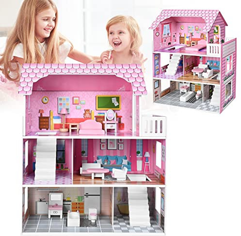 LZQ Casa de muñecas de madera, 3 pisos, casa de muñecas a partir de 2 años, para niños, niñas, regalo, cumpleaños 60 × 23,7 × 70 cm