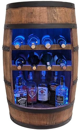 weeco Fass Bar mit Weinflaschenhaltern RGB LED Beleuchtung - Holzfass Weinregal, Flaschenhalter Hausbar, Hausbar Geschenk, Weinständer Vintage 80cm, Weinschrank Holz, Flaschenständer