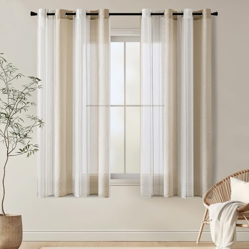 EMEMA Kurz Vorhänge mit Ösen Beige-Weiss Streifen Voile Gardinen Moderner Wohnzimmer 2er Set Stores Schals mit Ösenschal Halbtransparent Dekorieren Schlafzimmer Vorhang 140x160cm