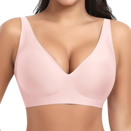 Ganado Sujetador sin Aros Mujer Sujetadores Push up con Relleno sin Costuras Bralette Básicos Cuello V Profundo (Rosa,XL)