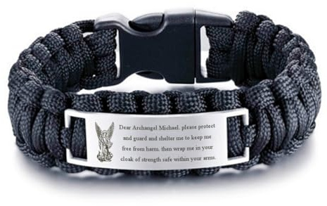 Saint Michael Paracord Bracelet - Tactical Survival Bracelet for Men with Archangel Prayer Scripture,Archangel St Michael Protetion Bangle Catholic Christian Gifts for Dad,Husband,Son (Black)